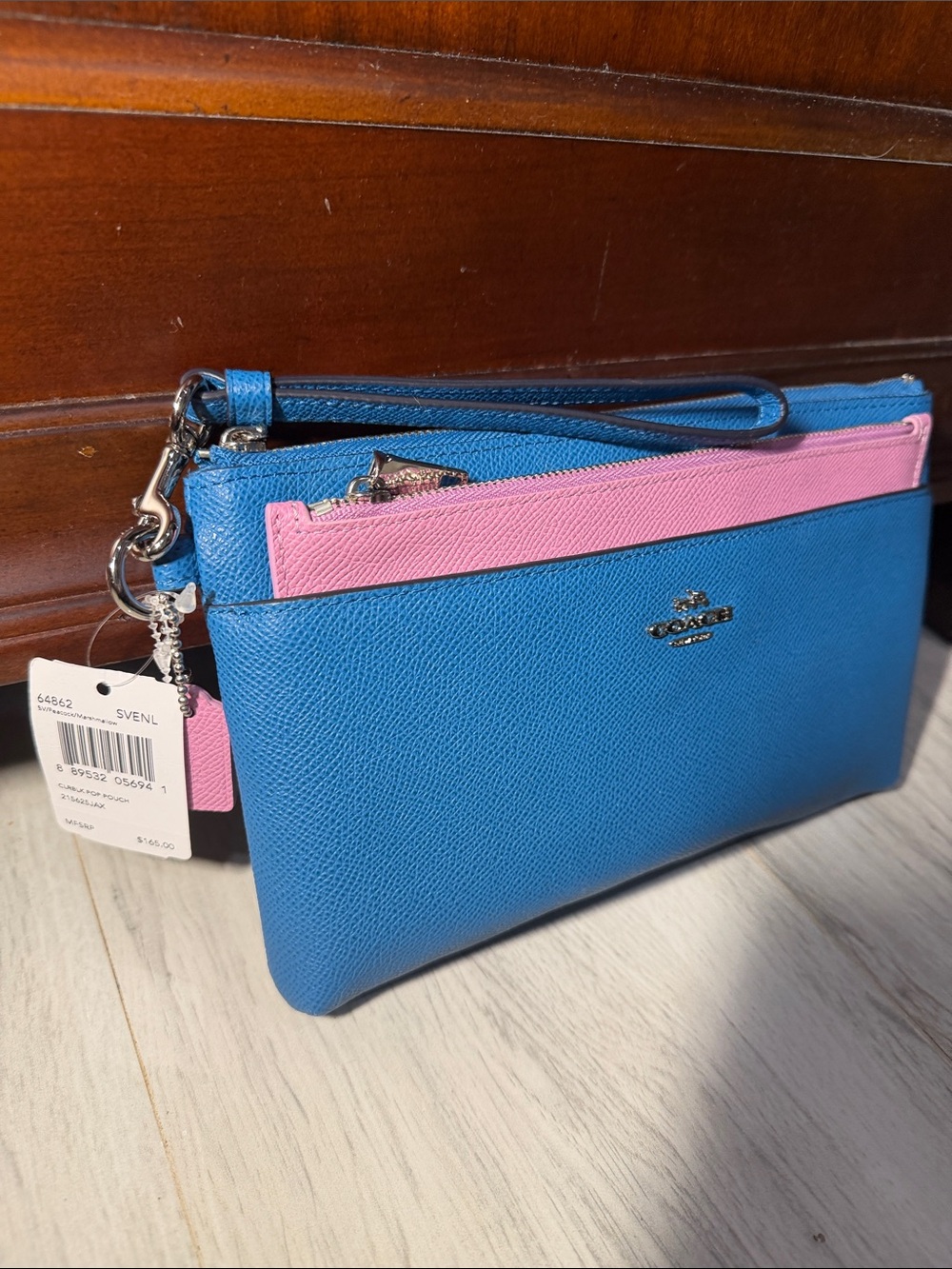 Coach Blue and Pink Leather Wristlet Pouch